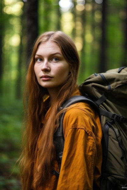 Closeup shot of a beautiful young woman wearing a backpack standing in the forest