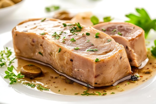 A closeup shot of a beautifully plated piece of foie gras on a white plate It is glistening w