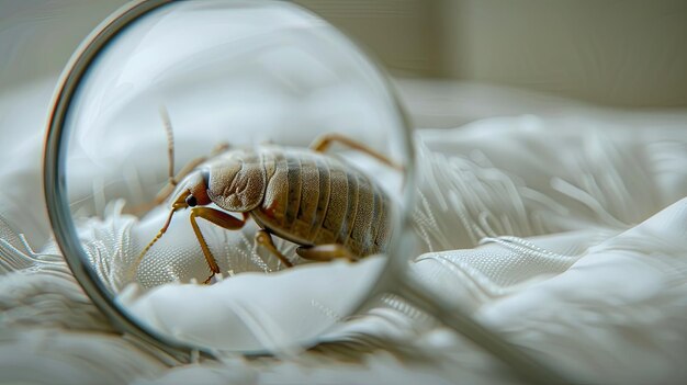 Photo a closeup shot of a bed bug magnified through a handheld magnifying glass placed on a white