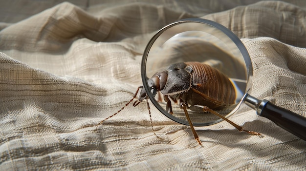 Photo a closeup shot of a bed bug magnified through a handheld magnifying glass placed on a white