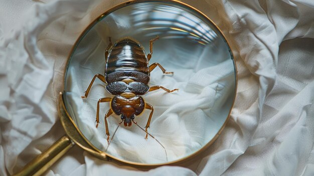 Photo a closeup shot of a bed bug magnified through a handheld magnifying glass placed on a white