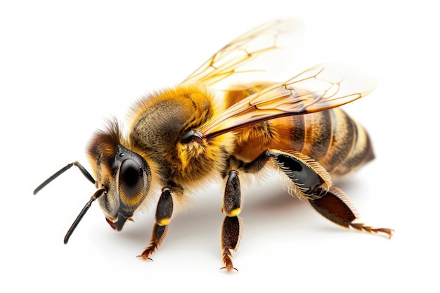 A closeup shot of a bee sitting on a white surface its body and wings visible