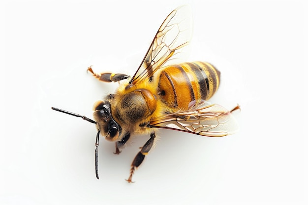 A closeup shot of a bee sitting on a white surface