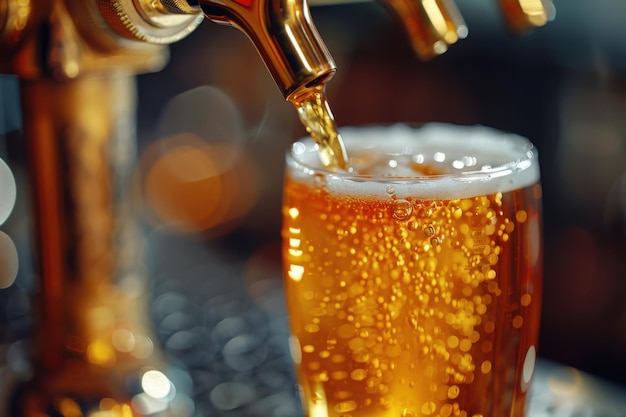 Photo a closeup shot of beer pouring from a tap into a glass creating a bubbly and refreshing scene