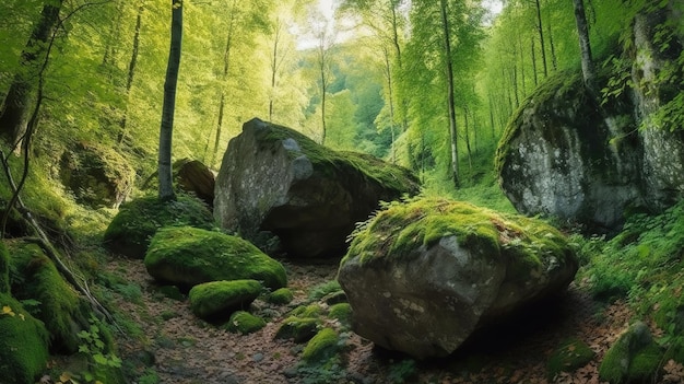 Closeup shot of a big stone covered with a green moss in the forest Generative Ai