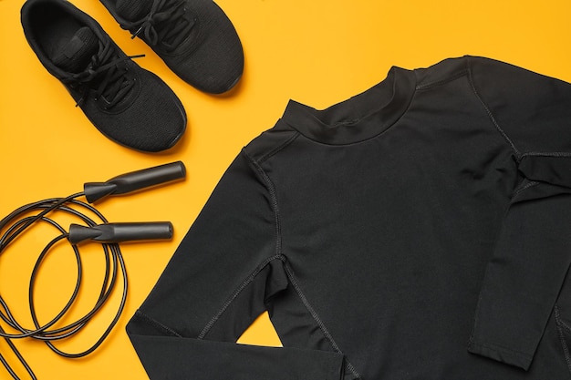 Closeup shot of a black gym accessories such as sport shoes tshirt and skipping rope on a yellow background Top view flat lay Fitness and healthy lifestyle concept