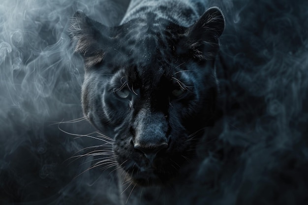 Closeup shot of a black leopard surrounded by smoke