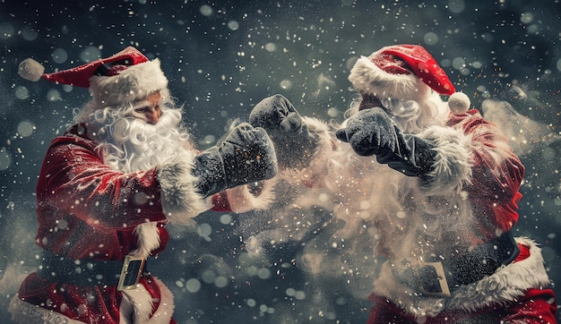 A closeup shot of a Black Santa Claus boxing through a snowy winter scene