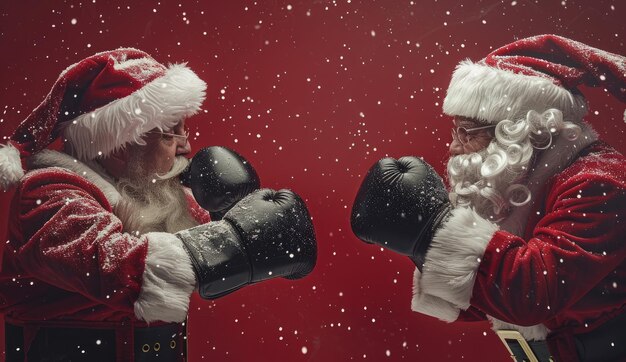 A closeup shot of a Black Santa Claus boxing through a snowy winter scene