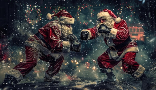 A closeup shot of a Black Santa Claus boxing through a snowy winter scene