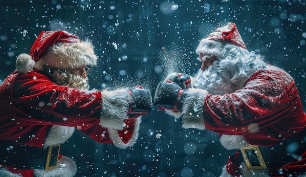 A closeup shot of a Black Santa Claus boxing through a snowy winter scene