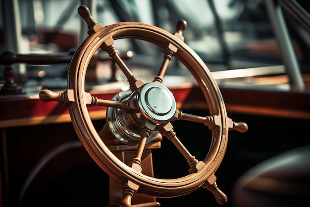 Photo closeup shot of a boat steering wheel aesthetic look