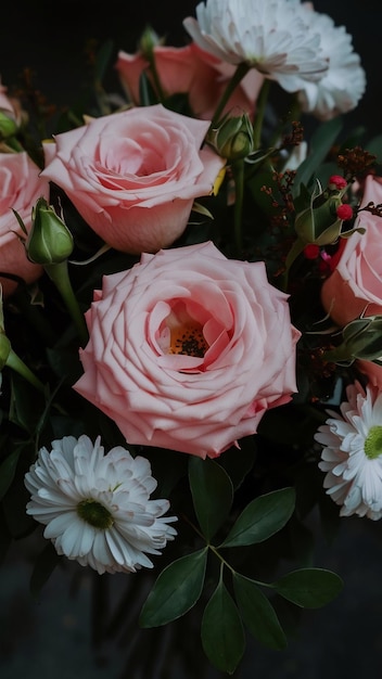 Closeup shot of a bouquet of pink roses and other flowers with green leafs