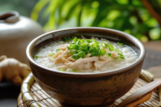 closeup shot of a bowl of congee with shredded chicken ginger and scallions on top