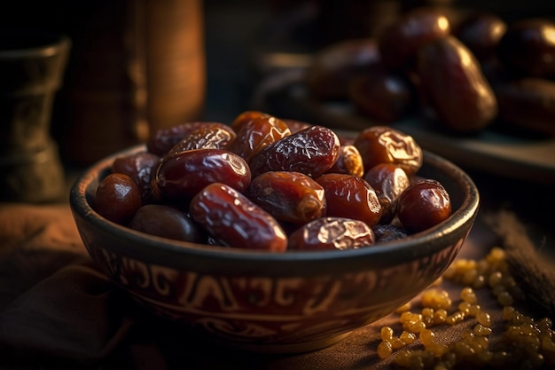 A closeup shot of a bowl of dates