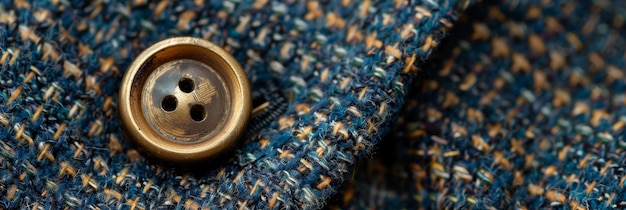 Photo a closeup shot of a brass button on a blue and beige tweed fabric the button is round and has