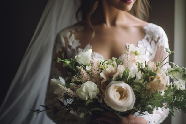 A closeup shot of a bride's hands holding her beautiful wedding bouquet