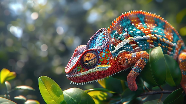 A closeup shot of a brightly colored chameleon perched on a lush green branch