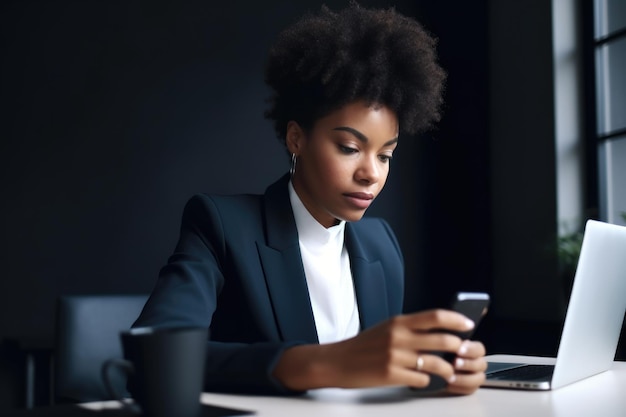 Closeup shot of a businesswoman using her phone while sitting at her desk created with generative ai