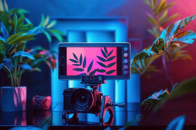 A closeup shot of a camera and monitor displaying a vibrant streaming video in a studio setting with tropical plants Generative AI