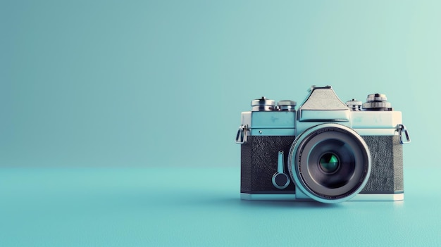 A closeup shot of a camera with a lens resting on a blue surface ideal for use in technology or photographyrelated contexts