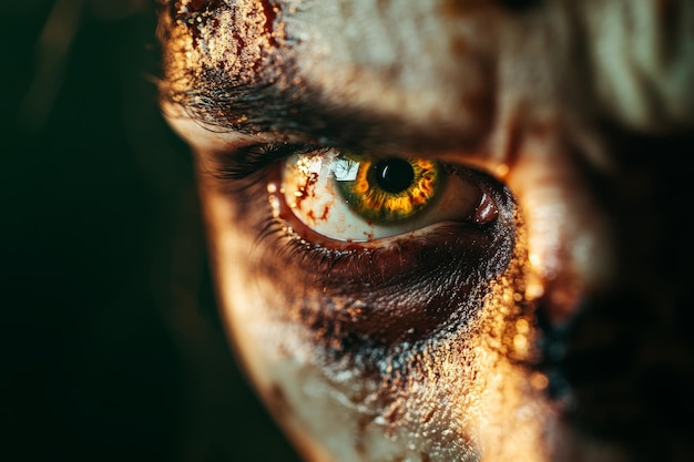 A closeup shot capturing the menacing gaze of a zombie with a bloodshot decaying eye staring