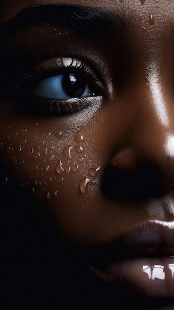 Closeup shot capturing the striking contrast of vibrant blue eyes against dark skin adorned with gli