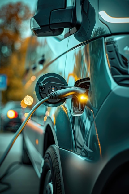 Photo a closeup shot of a car with an electric charger plugged in suitable for use in articles about ecofriendly transportation or sustainable living