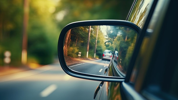 A closeup shot of a cars side mirror reflecting the road ahead Macro Lenses slow shutter speed