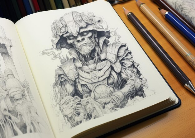 Photo a closeup shot of a cartoonist's sketchbook capturing a highly detailed and intricate character de