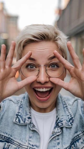 Closeup shot of charismatic happy and enthusiastic stylish young emotive woman with blond short hrc