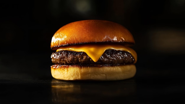 A closeup shot of a cheeseburger with melted cheese on a black background