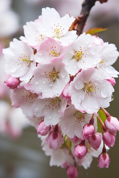 A closeup shot of cherry blossoms with morning dew highlighting the freshness of spring