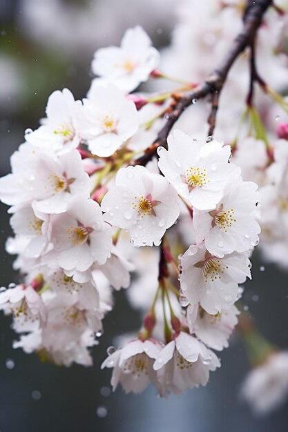 A closeup shot of cherry blossoms with morning dew highlighting the freshness of spring