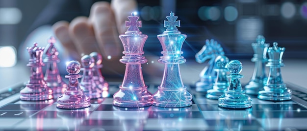 A closeup shot of a chessboard with glass chess pieces