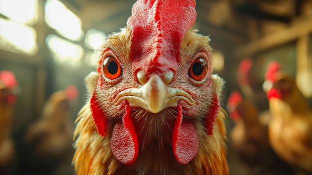 A closeup shot of a chicken in a farm setting showcasing detailed textures and vibrant colors