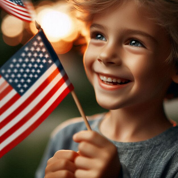 Photo a closeup shot of a child waving a small american flag