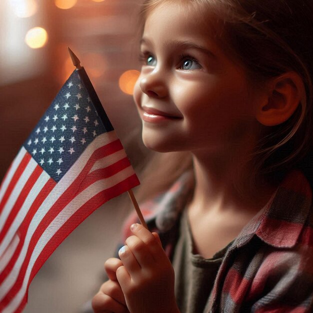 Photo a closeup shot of a child waving a small american flag