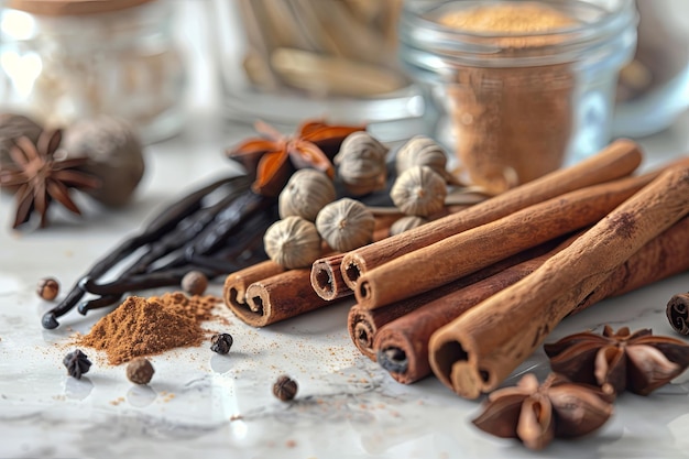 A closeup shot of cinnamon sticks vanilla pods star anise and nutmeg on a kitchen countertop Generative AI