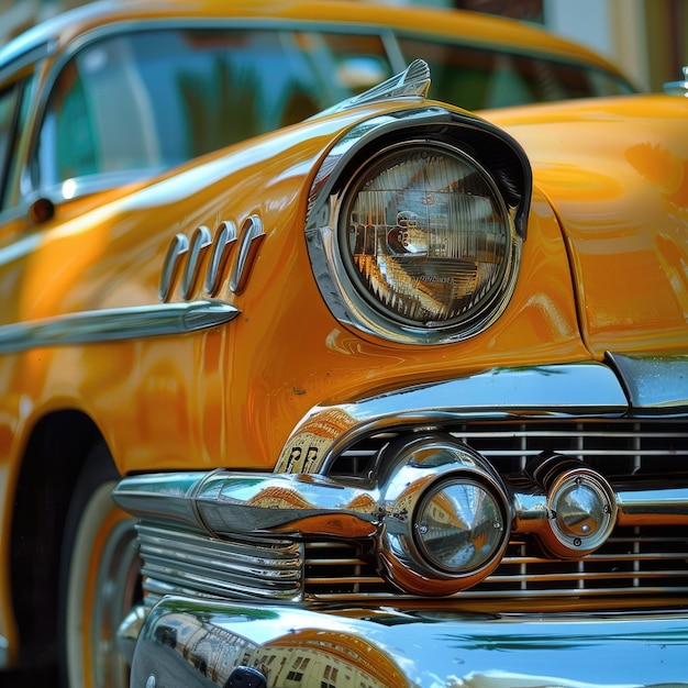 Closeup shot of a classic yellow cars headlight and chrome details