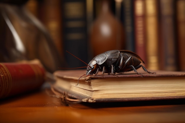 A closeup shot of a cockroach in a library surrounded by books evokes a sense of serenity and contemplation Generative AI