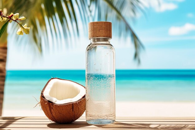 Photo closeup shot of a coconut water bottle with condensation on the surface