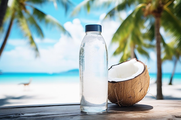 Photo closeup shot of a coconut water bottle with condensation on the surface