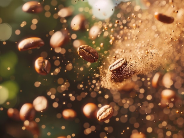 A closeup shot of coffee beans suspended in midair