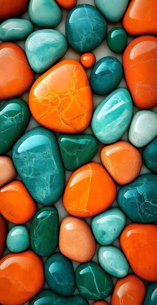 A closeup shot of a collection of smooth polished stones in various shades of orange teal and green The stones are arranged in a random pattern creating a visually appealing and textural backdrop