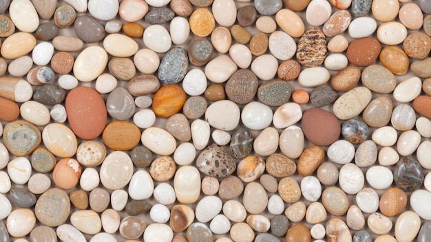 Photo a closeup shot of a collection of smooth rounded river rocks in various shades of brown white and beige seamless pattern