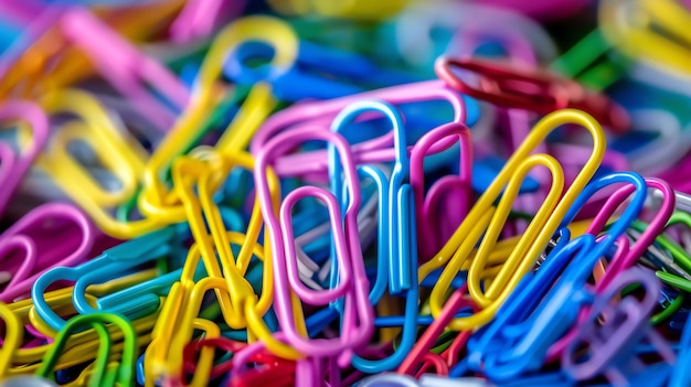 A closeup shot of a colorful assortment of paperclips