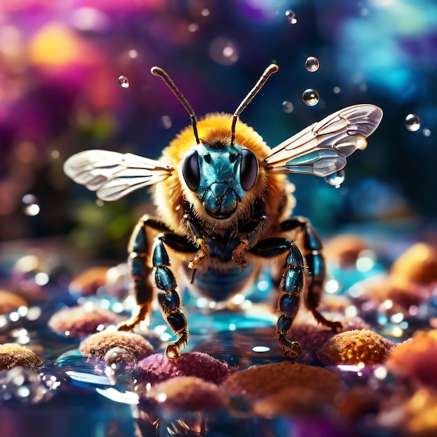 A closeup shot of a colorful bee in a fantastical