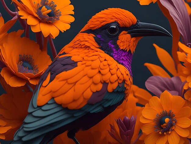 closeup shot of a colorful bird with orange flowers in the background Ai generation