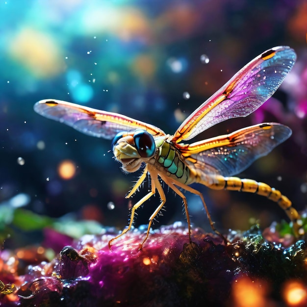 A closeup shot of a colorful Dragonfly in a fantastical vividly hued micro landscape